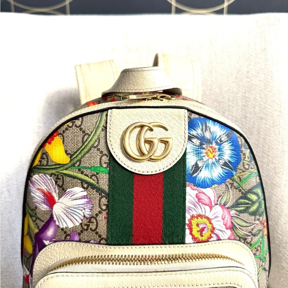 Authentic Gucci Ophidia GG Supreme Flora Backpack bag white leather gold GG logo